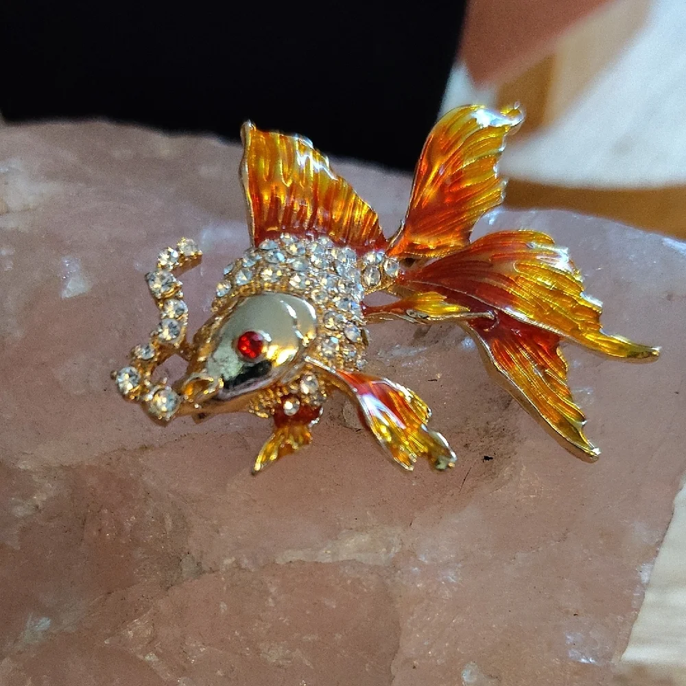Sparkling Gold and Orange Fish Brooch